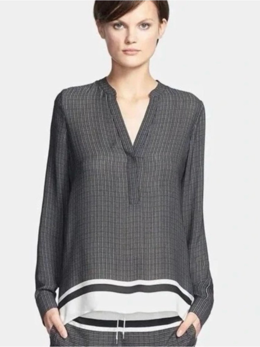 Vince 100% Silk Shadow Stripe Tunic Blouse Black Cream XS
